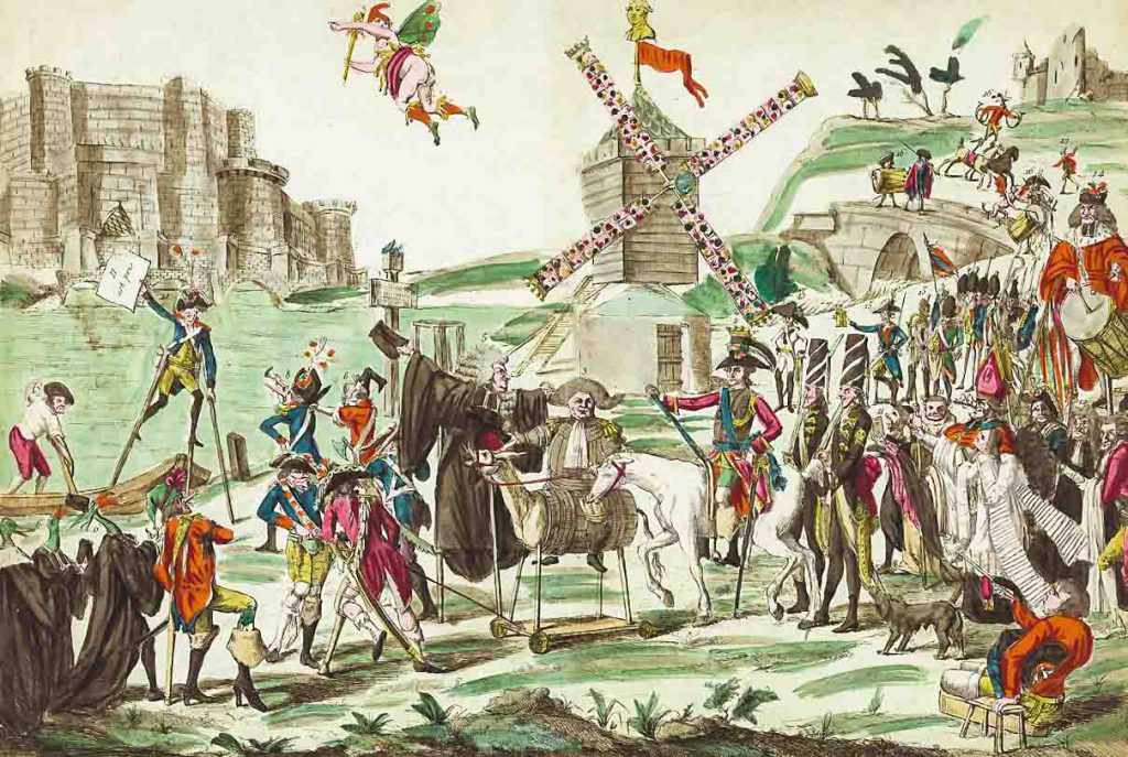 Карикатура на принца Конде (Дон Кихот на белом коне) и его армия (группа оборванных контрреволюционеров). 1791 год