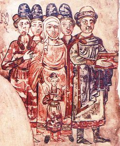 Святослав Ярославич (крайний справа) и предположительно его жена Ода Штаденская (в центре) с детьми