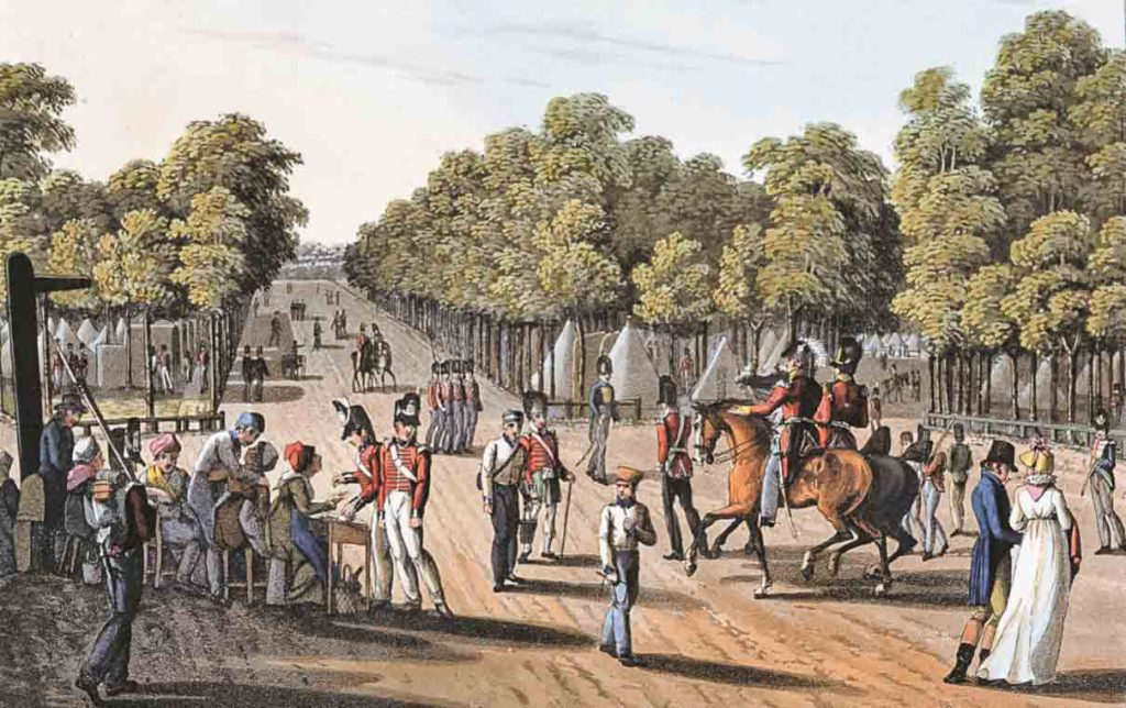 Лагерь британской армии в Булонском лесу. Гравюра М. Дюбурга. 1815 год