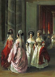 Представительницы высшего общества Санкт-Петербурга. Фрагмент картины А.И. Ладюрнера «Гербовый зал Зимнего дворца». 1838 год