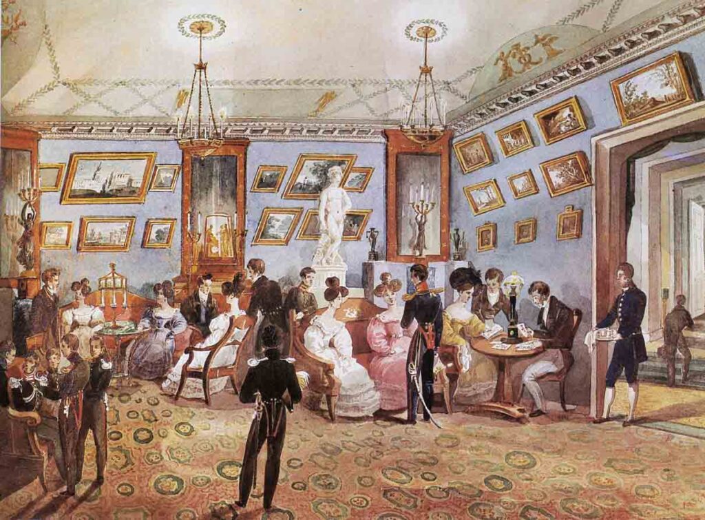 Великосветский салон 1830-х годов. Акварель работы неизвестного художника