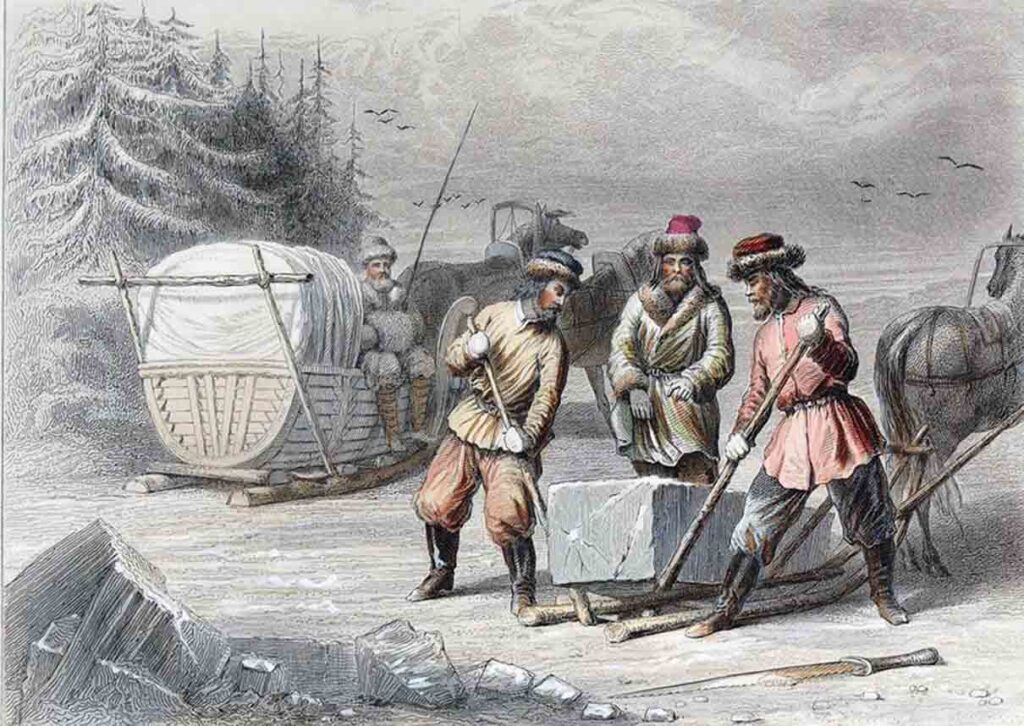 Заготовка льда. Иллюстрация из книги Ш. Сен-Жюльена «Живописное путешествие по России»