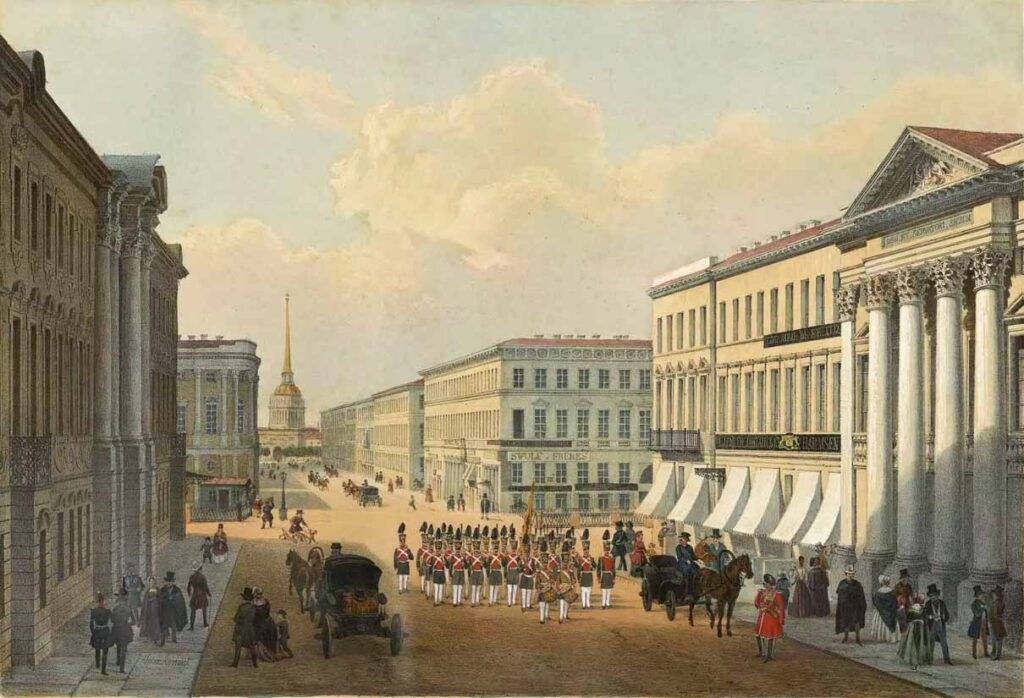 Ж. Арну. Невский проспект у Полицейского моста. Гравюра. 1835–1845 годы