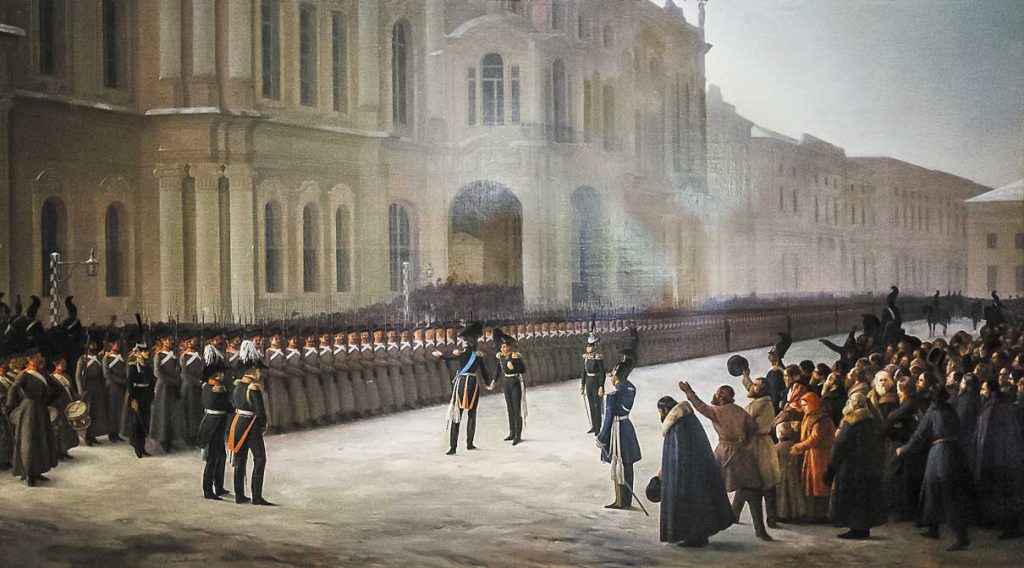 А.И. Ладюрнер. Приход к Зимнему дворцу 1-го батальона лейб-гвардии Преображенского полка 14 декабря 1825 года. 1852 год