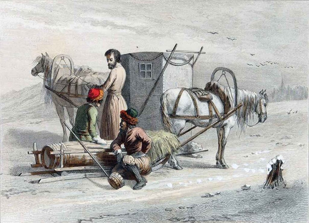 Возок. Торговцы рыбой. Иллюстрация из книги Ш. Сен-Жюльена «Живописное путешествие по России»