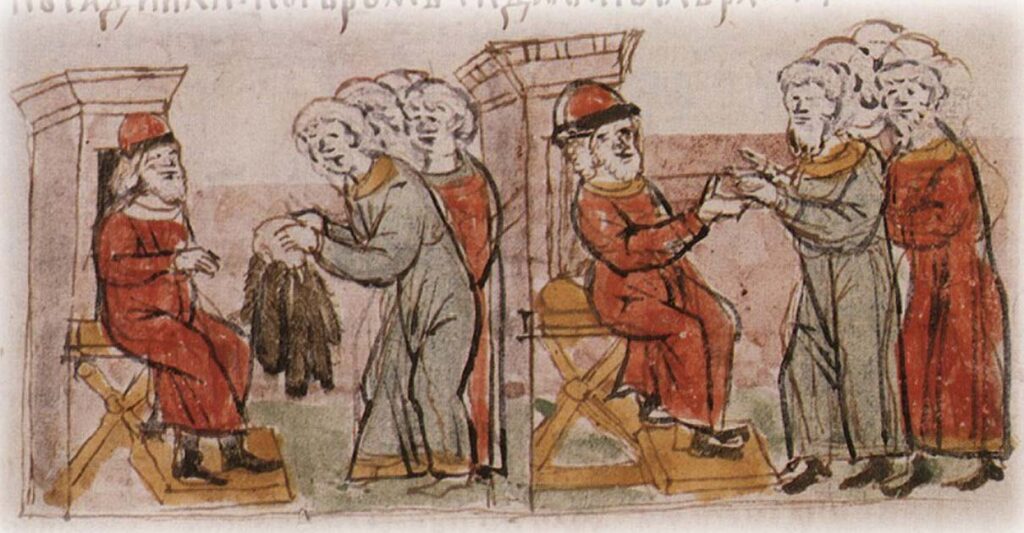 Вокняжение Олега Святославича в Ростове; принесение Олегу дани. Миниатюра из Радзивилловской летописи. XV век