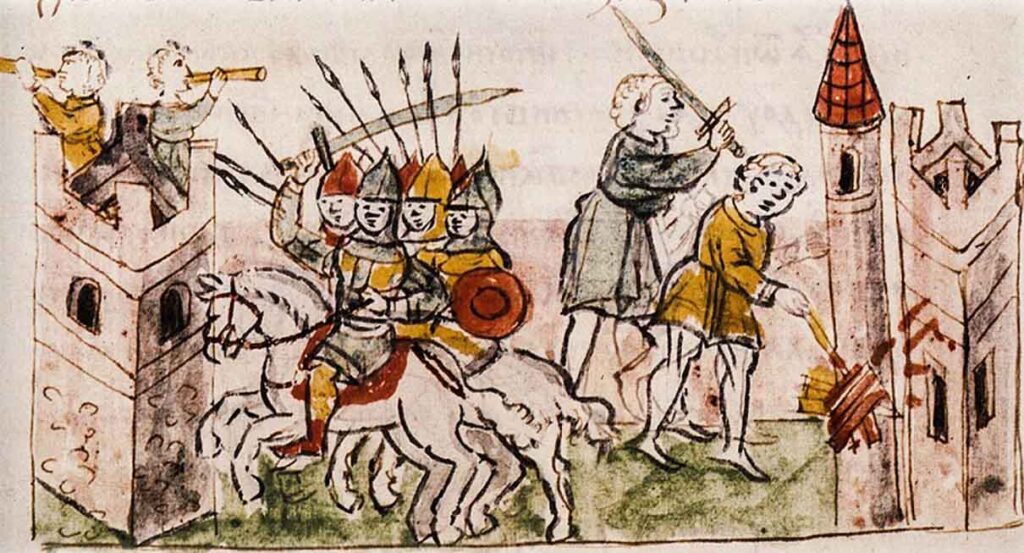 Нападение хана Боняка на Киев. Миниатюра из Радзивилловской летописи. XV век