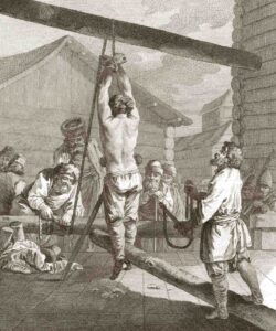 Ж.-Б. Лепренс. Наказание большим кнутом. Из книги "Путешествие в Сибирь" аббата Ж. Шапп д’Отроша. 1761 год