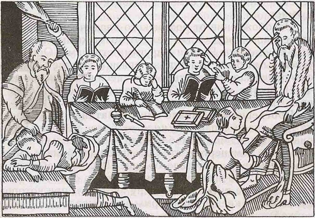 Наказание ученика. Гравюра из "Азбуковника" Василия Бурцева. 1637 год