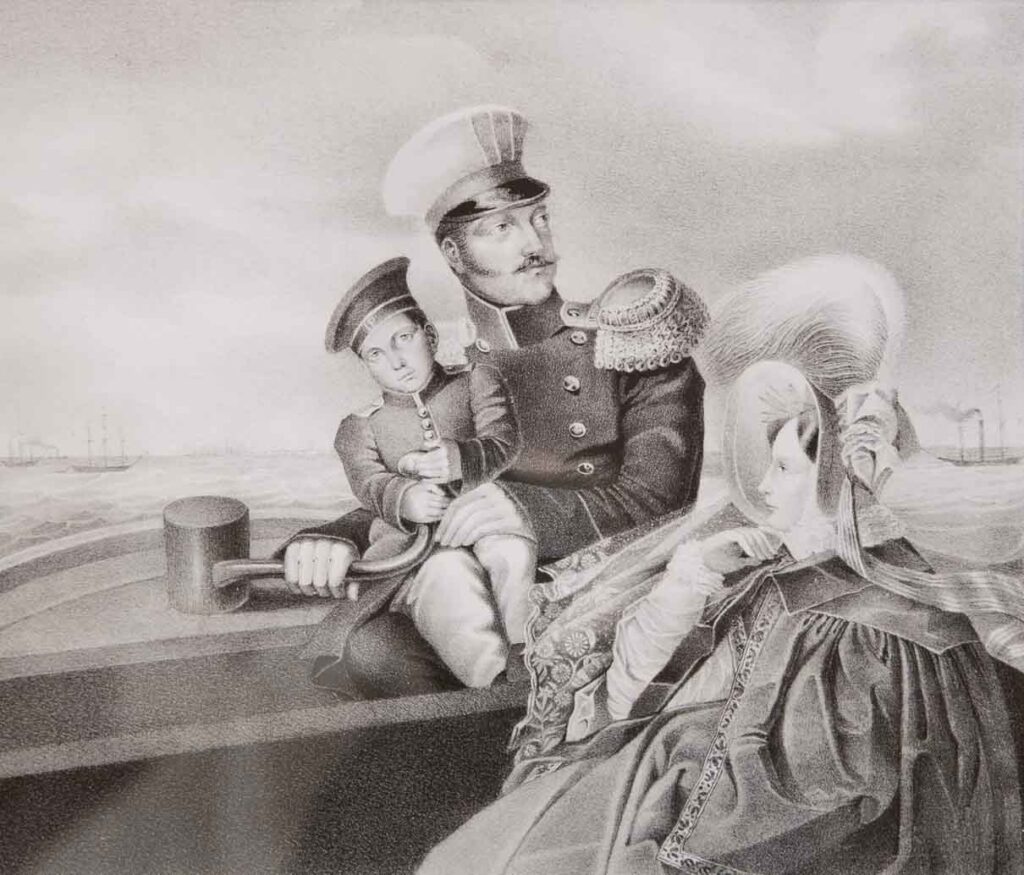 Император Николай I с императрицей Александрой Федоровной и сыном Константином. Литография. 1830-е годы