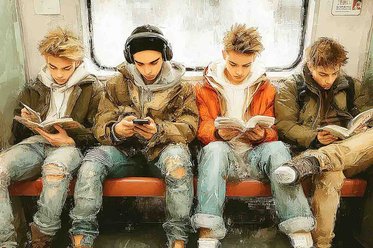 ИИ-генерация: молодые ллюди читают книги в метро