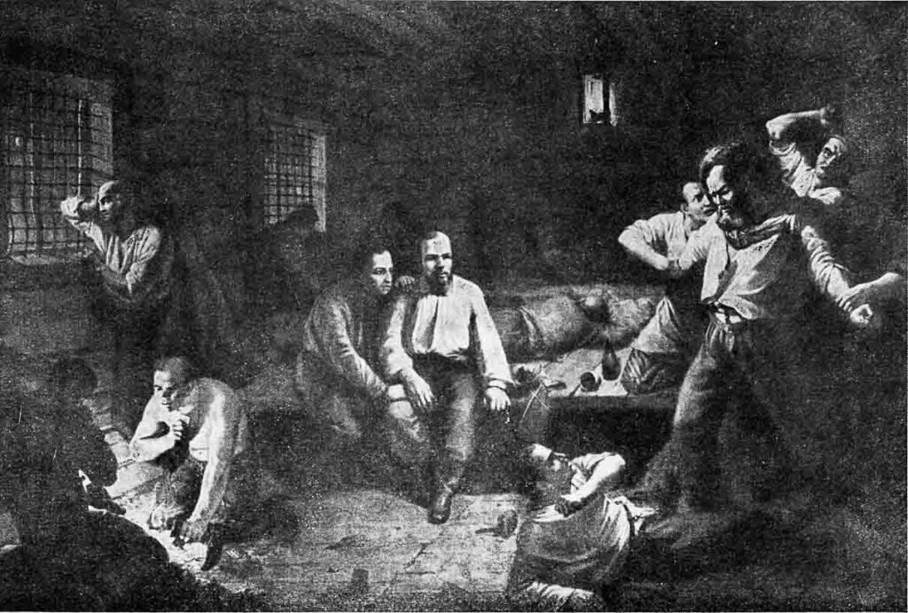 K.P. Pomerantsev. Noël dans la Maison des morts. (Au centre, sur les bat-flanc — F.M. Dostoïevski.) Musée-appartement de Dostoïevski à Moscou.