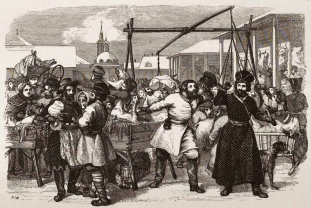 Мясной ряд на базаре в морозный день