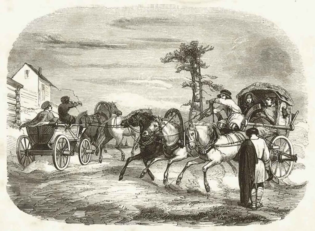 Русский способ передвижения по дороге. Иллюстрация из книги Ф. Лакруа "Тайны России"