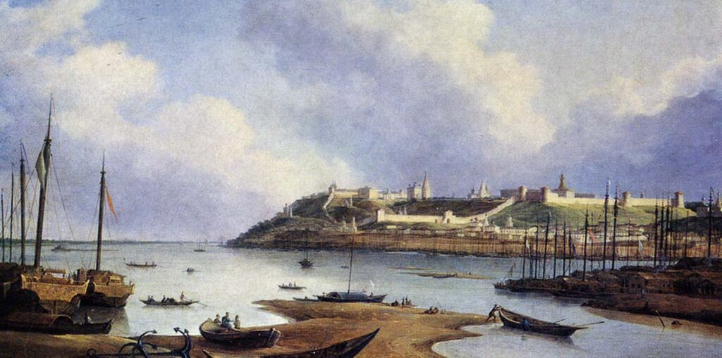 "Вид Нагорной части Нижнего Новгорода, Стрелки и Нижегородского Кремля". Никанор Чернецов. 1838 год.