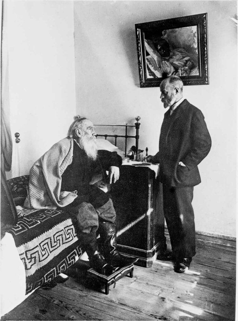 Lev Nikolaevich and Dusan Petrovich Makovitsky, his friend and doctor. Yasnaya Polyana, March 1909