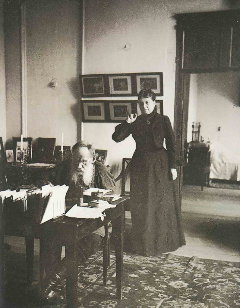 Leo and Sophia Tolstoy in their study at home in Yasnaya Polyana, 1902