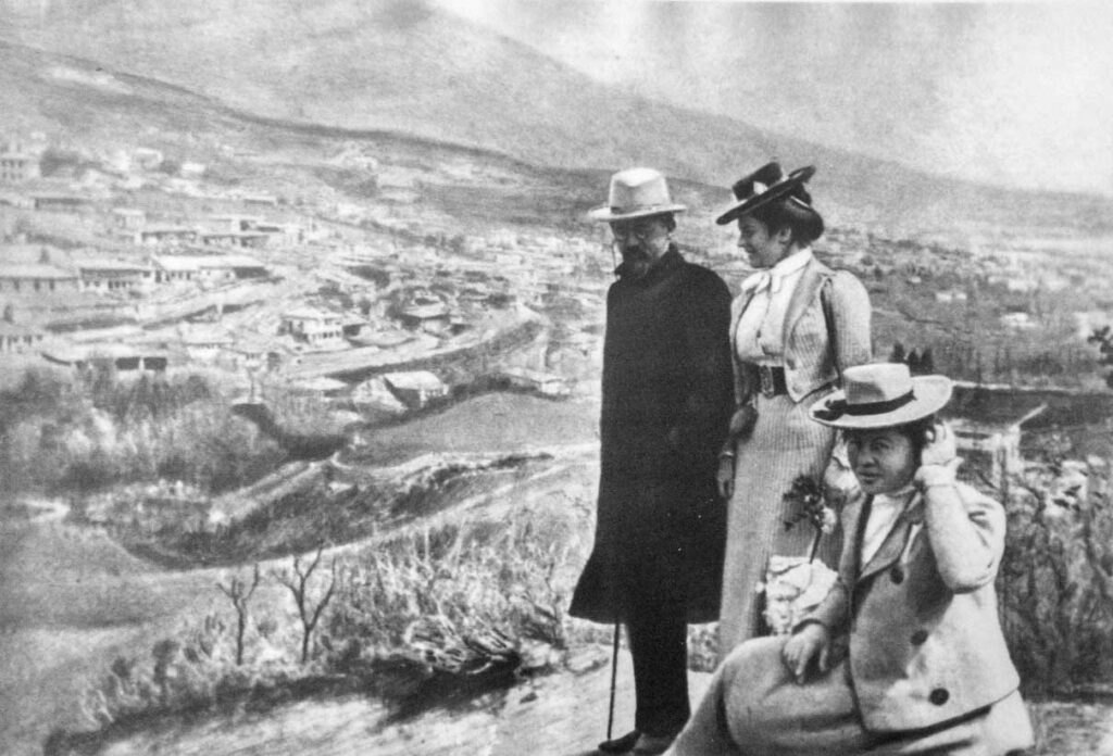 Anton Chekhov, Olga Knipper-Chekhova and Maria Chekhova on a walk in the outskirts of Yalta