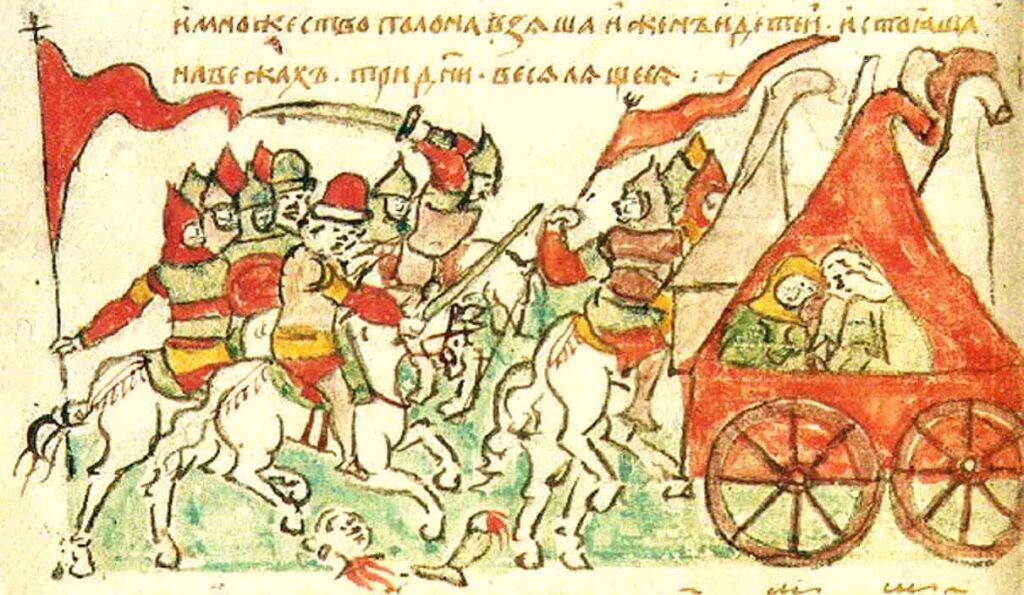 Нападение русских на половецкие кочевья. Миниатюра из Радзивилловской летописи. XV век