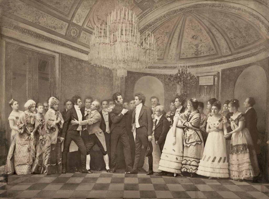 Scène de la querelle entre Onéguine et Lenski au bal chez les Larin.Moscou, Théâtre Bolchoï, 1879.