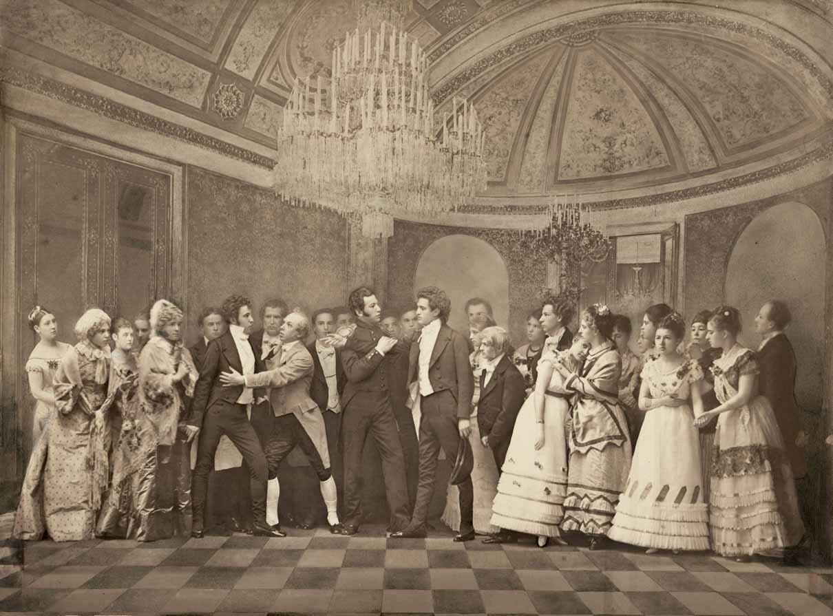 Scène de la querelle entre Onéguine et Lenski au bal chez les Larin.Moscou, Théâtre Bolchoï, 1879.