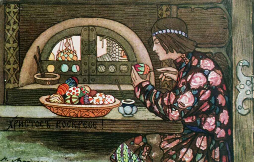 Открытка «Светлый праздник Воскресения Христова» И.Я. Билибина «Кулич-город»