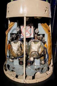 Pressurized cabin of the R‑2A geophysical rocket with ejector carts for animals. Engineering mock‑up