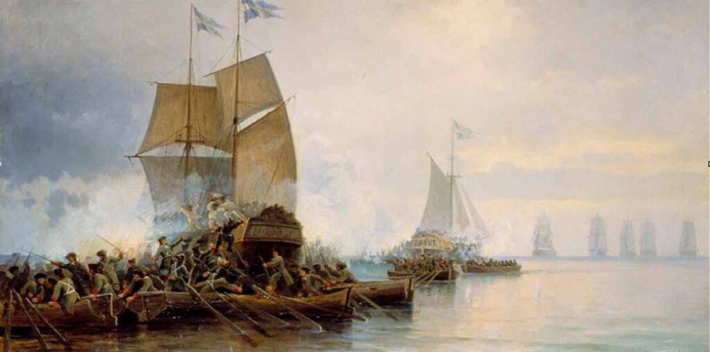 Л.Д. Блинов. Взятие шведских кораблей в устье Невы. 1890 год