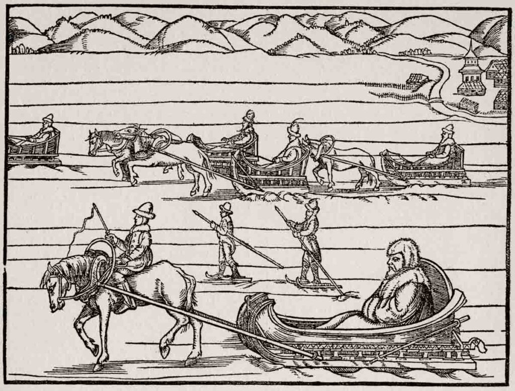 Herberstein en traîneau – gravure tirée de l'édition bâloise de 1556
