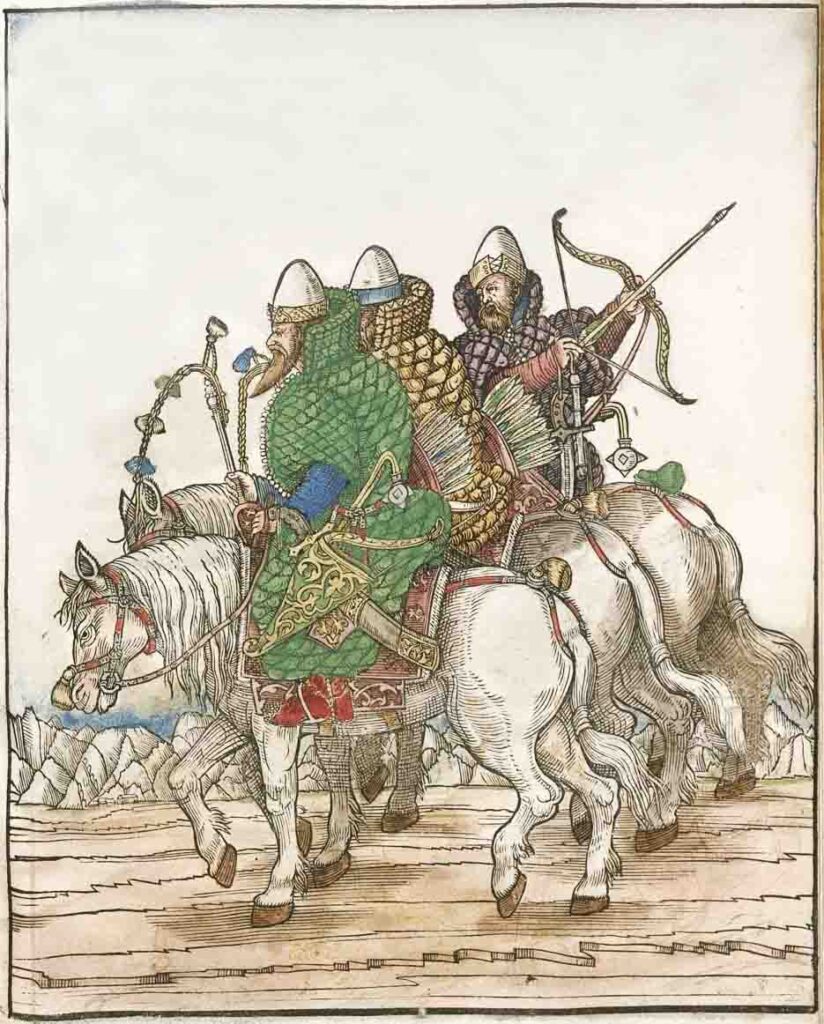 Équipement des cavaliers russes – gravure extraite de l'édition allemande des « Rerum Moscoviticarum Commentarii » (1575)