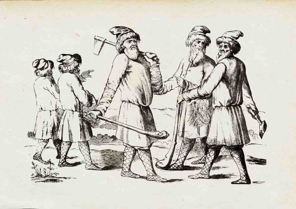 Paysans russes aux XVIe–XVIIe siècles – gravure tirée de l'« Description du voyage en Moscovie » d'Adam Olearius (1656)