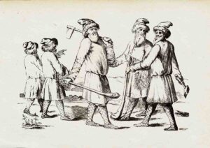 Russian peasants of the 16th–17th centuries. Engraving from A. Olearius's Description of a Journey to Muscovy. 1656
