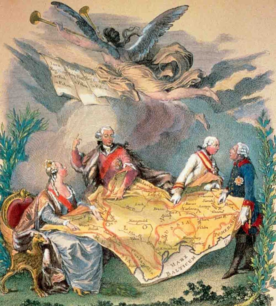 Ж.-М. Моро. Первый раздел Польши, 1772 год. Слева Екатерина II, справа Иосиф II Австрийский и Фридрих Великий Прусский. Раскрашенная гравюра. Фото предоставлено Н. Золотаревой
