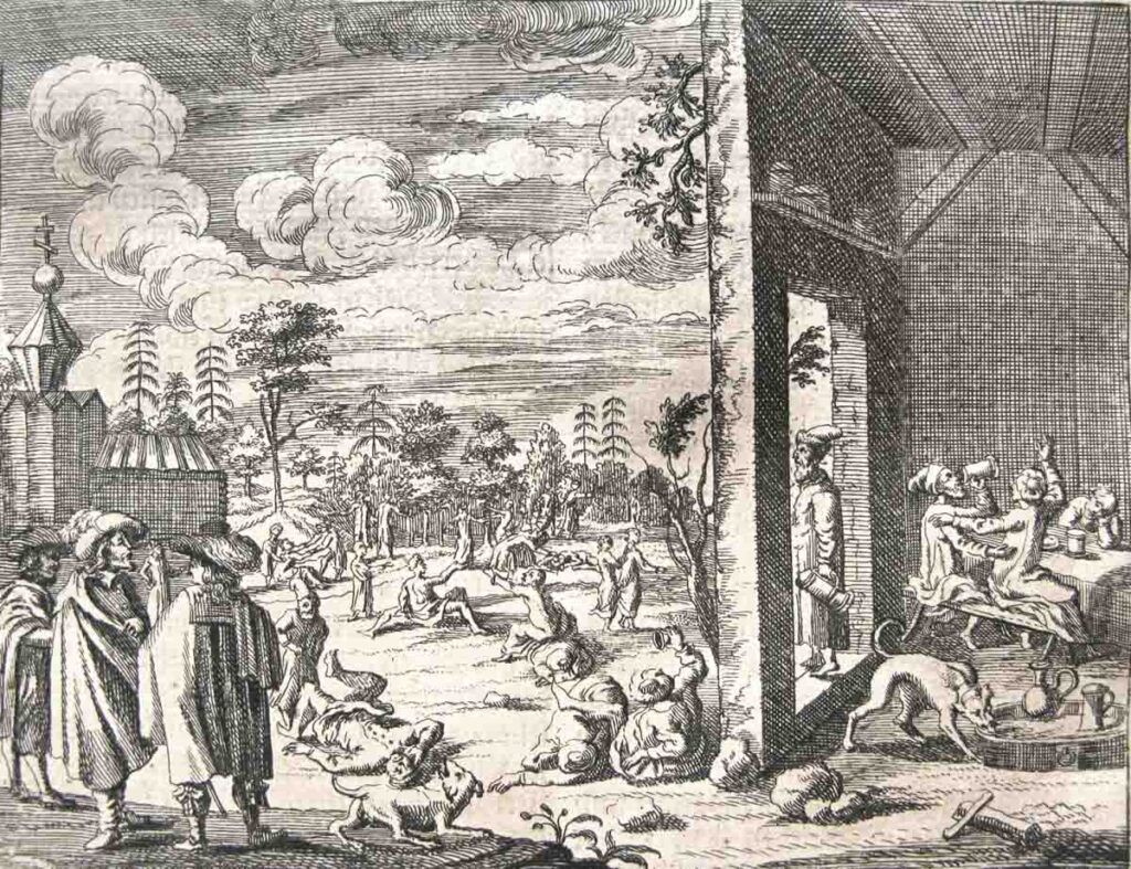 Borrachera. Grabado de la obra de A. Olearius “Descripción del viaje a Moscovia y a través de Moscovia hasta Persia y de regreso”.