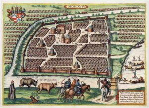 Engraver Frans Hogenberg. Plan of Moscow based on a drawing by S. Herberstein from the first half of the 16th century. Top left: Herberstein's coat of arms