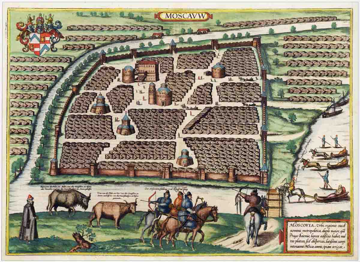 Engraver Frans Hogenberg. Plan of Moscow based on a drawing by S. Herberstein from the first half of the 16th century. Top left: Herberstein's coat of arms