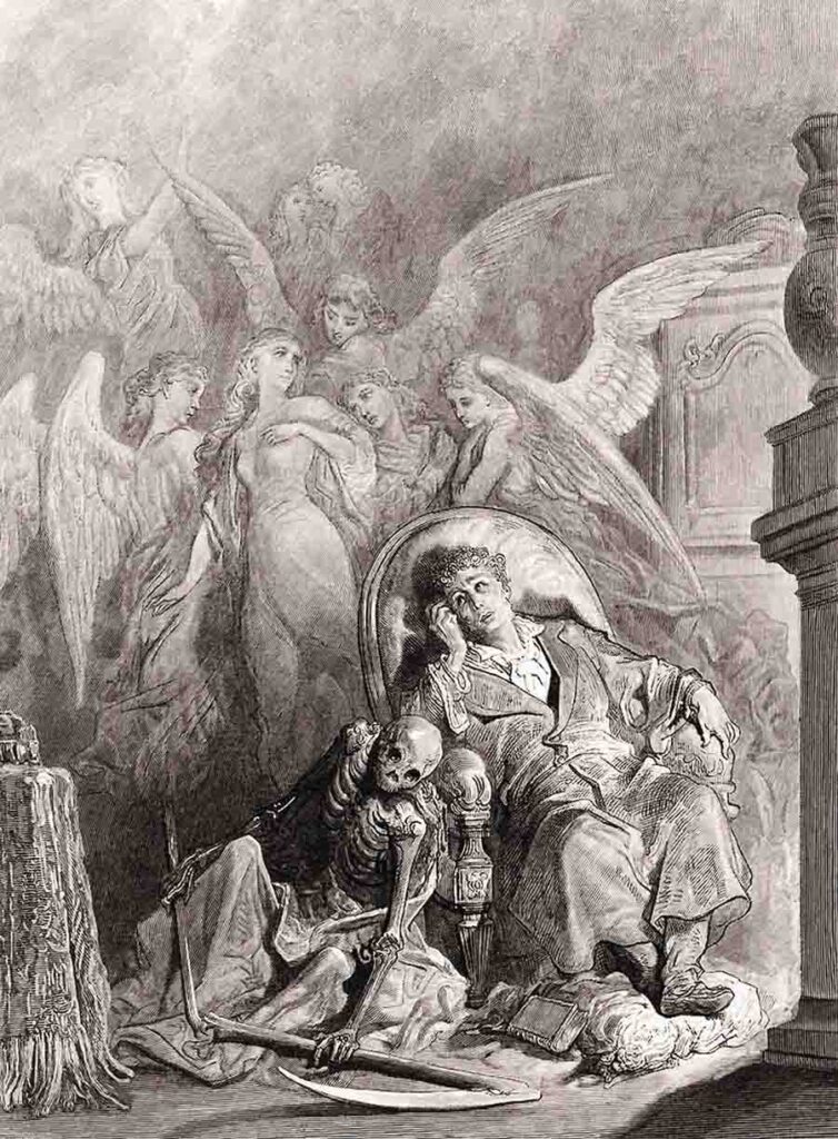 Illustration by Gustave Doré for Edgar Poe's poem The Raven. 1884