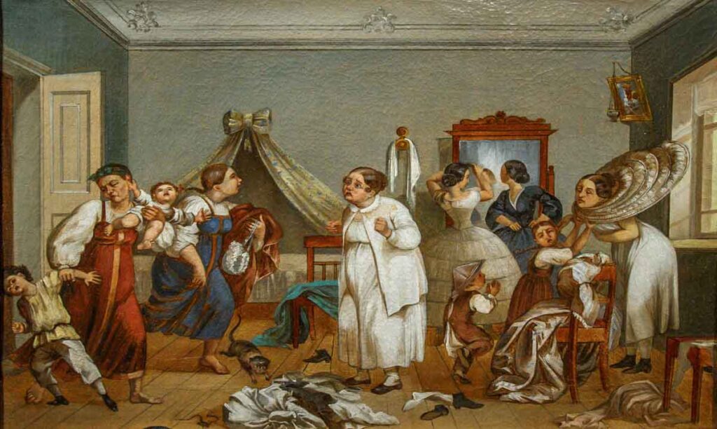 Сборы на бал в купеческом доме. Картина работы неизвестного художника. 1850-е годы